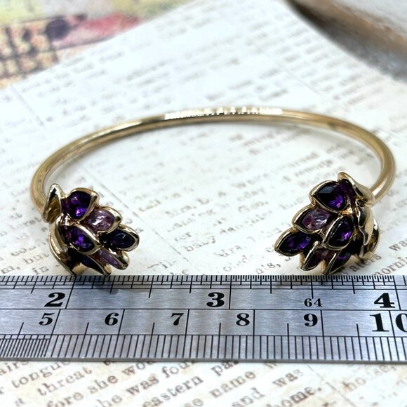 Designer Purple Lavender Crystal Rhinestone Lotus Flower Cuff Bracelet Gold Tone - Picture 5 of 14